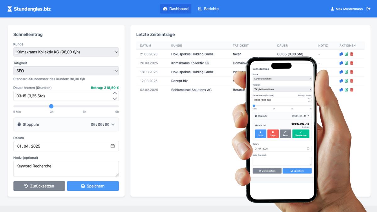 App für Zeiterfassung + Stundenzettel Dashboard